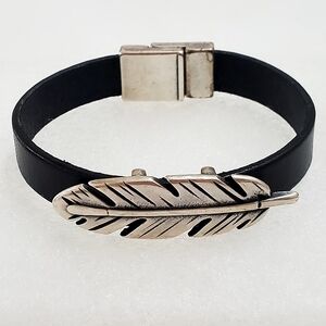 Leather Bracelet W/Antiqued Silver Feather Charm Magnetic Clasp